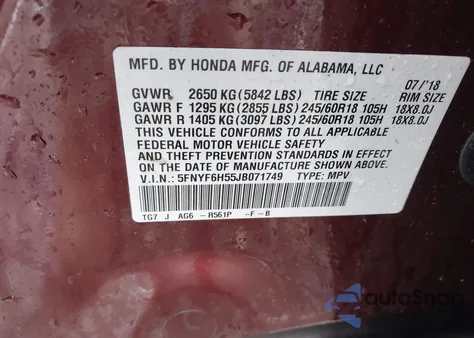 2018 Honda Pilot Exl from USA, damaged, VIN 5FNYF6H55JB071749